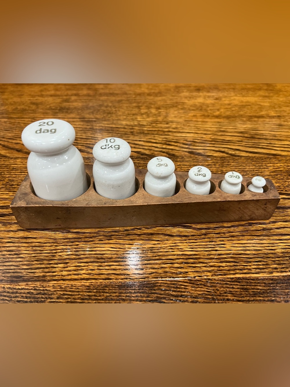 Vintage Apothecary Ceramic Weight Set 6pc Wood Holder Pharmacy Decor
